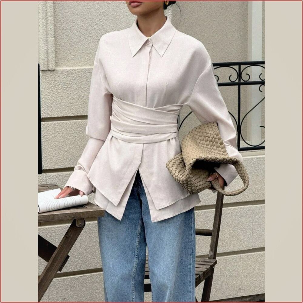 Apricot Casual Women's Asymmetrical Drop Shoulder Collared Long Sleeve Shirt
